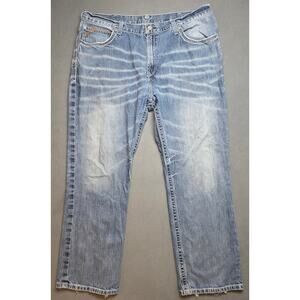 Mens Ariat M4 Relaxed Bootcut Jeans 42x31 Blue Denim Distressed